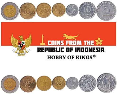 7 מטבעות מאינדונזיה | אוסף סט מטבעות אינדונזי 5 10 25 50 100 500 1000 רופיה / הופץ 1974-2003 / אגוז מוסקט